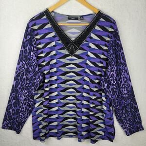 2X Knit Top Beaded V Neck Purple Gray Black Geometric Animal Pullover Tunic Boho